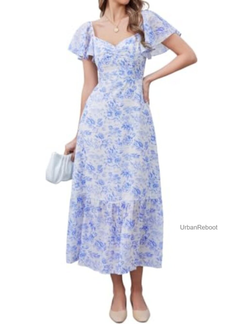 Women's Floral Maxi Dress Flutter Sleeve Smocked Boho Wedding Guest